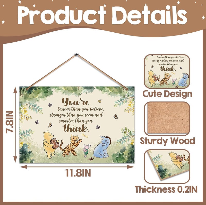 Hatzelou 1PCS Winnie Quotes Baby Shower Sign, the Pooh Wall Hanging Sign, You're Braver Than You Believe Wall Gifts, Perfect for Nursery Home Bedroom, Baby Shower Party Supplies - Image 2
